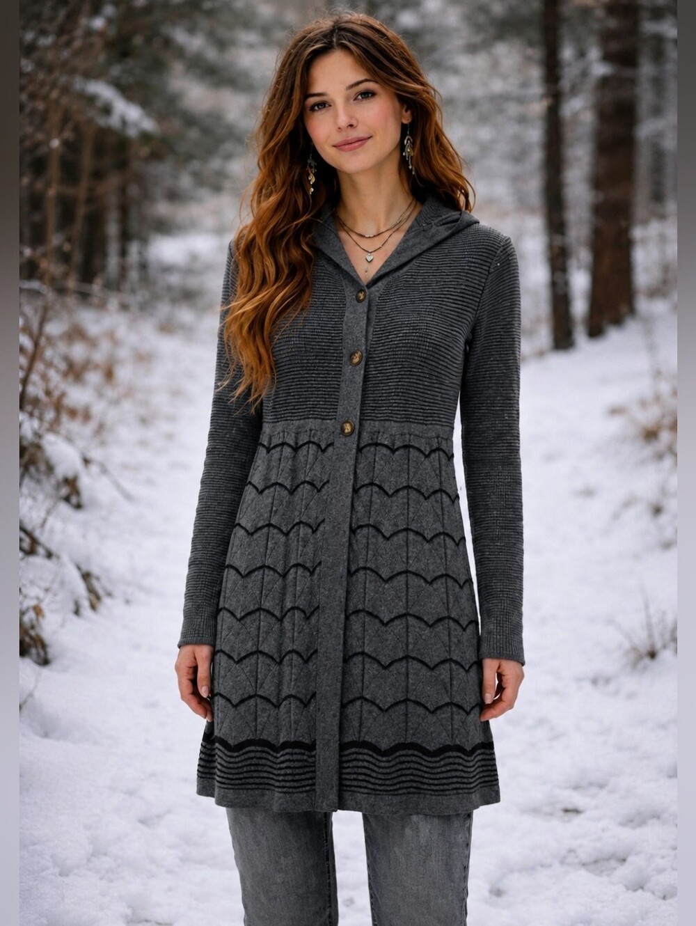 TITLE NINE Delilah Gray Hooded Merino Wool Cardigan Sweater Cozy Size Large